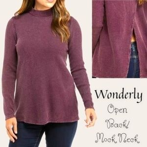 WONDERLY Long Sleeve Waffle Knit Mock Neck Split Back Sweater